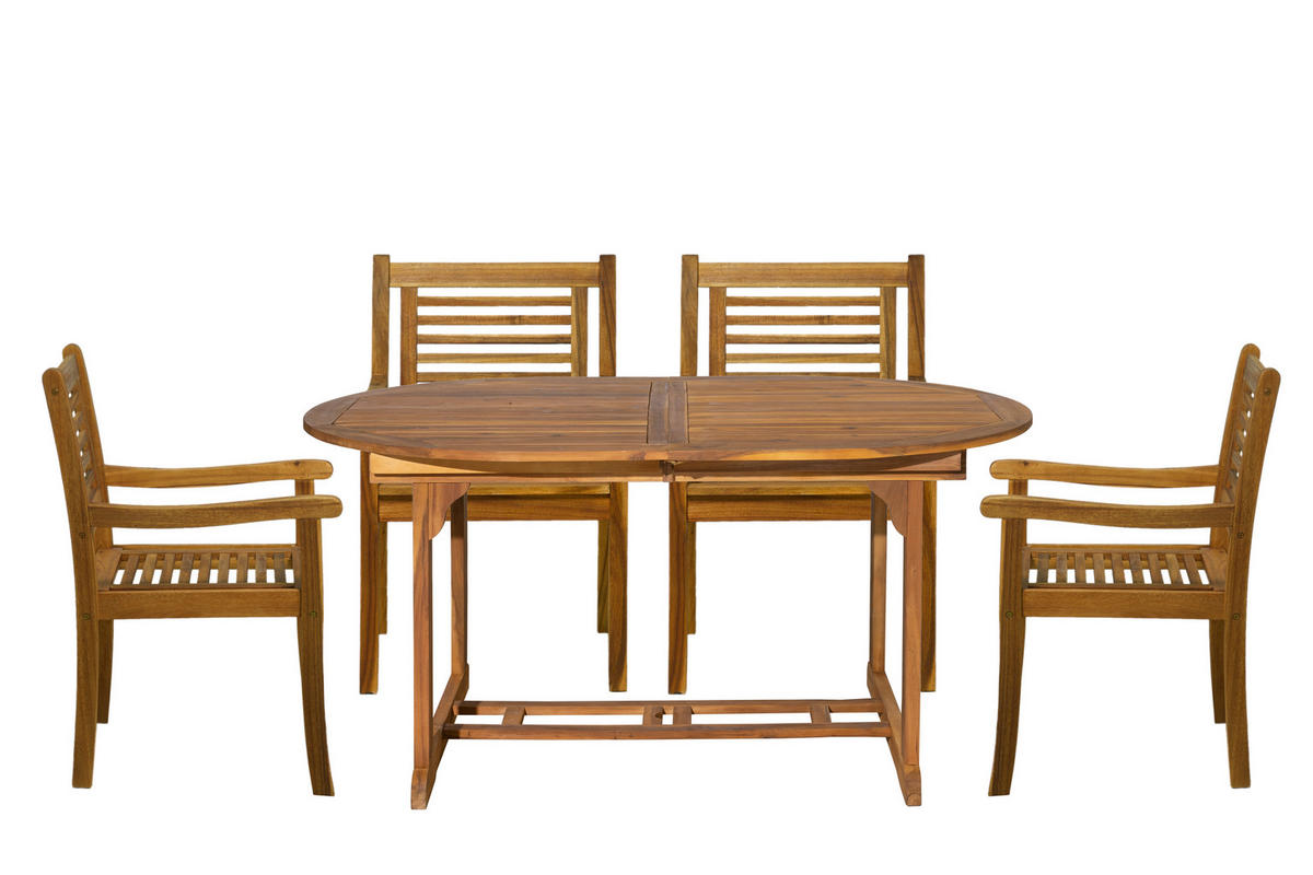 SITZGRUPPE Akana mit 4 Stühlen und 1 ausziehbaren Tisch - 150/200x100 cm - Akazienholz geölt - Naturfarben, Holz - TPFGarden