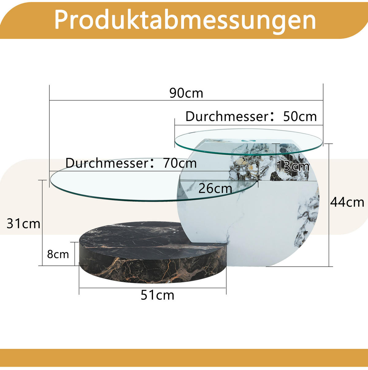 COUCHTISCH aus MDF 90x70x44 cm und Sicherheitsglas Weiß/Schwarz in Marmoroptik mit zwei Ablageebenen - Weiß, Holzwerkstoff (90/70/44cm) - IVMEU