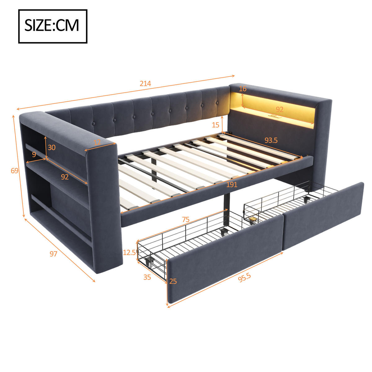 POLSTERBETT 90/190 cm dunkelgrau mit LED-Beleuchtung und großem Stauraum - Dunkelgrau, Textil (90/190cm) - OKWISH