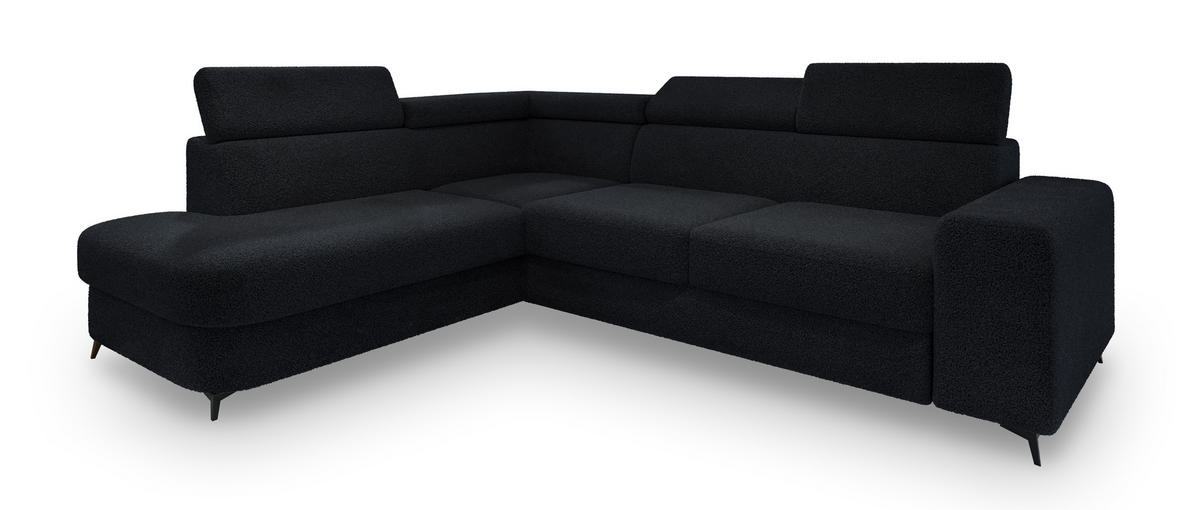 ECKSOFA ALVORO L-S Schwarz Boucle-Stoff mit Schlaffunktion - Schwarz, Holz (253/190cm) - MASSENO