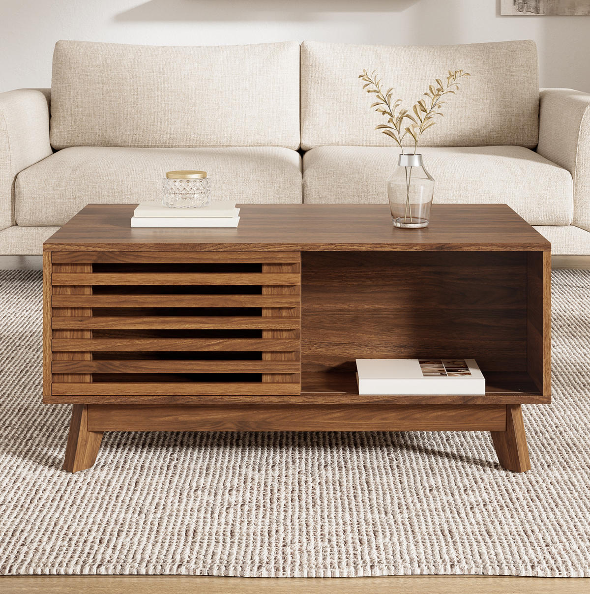 COUCHTISCH 90/55/57,5 cm aus MDF mit höhenverstellbarer Tischplatte und verschiebbarer Jalousietür, Nussbaum - Nussbaumfarben, Holzwerkstoff (90/55/57.5cm) - Redom