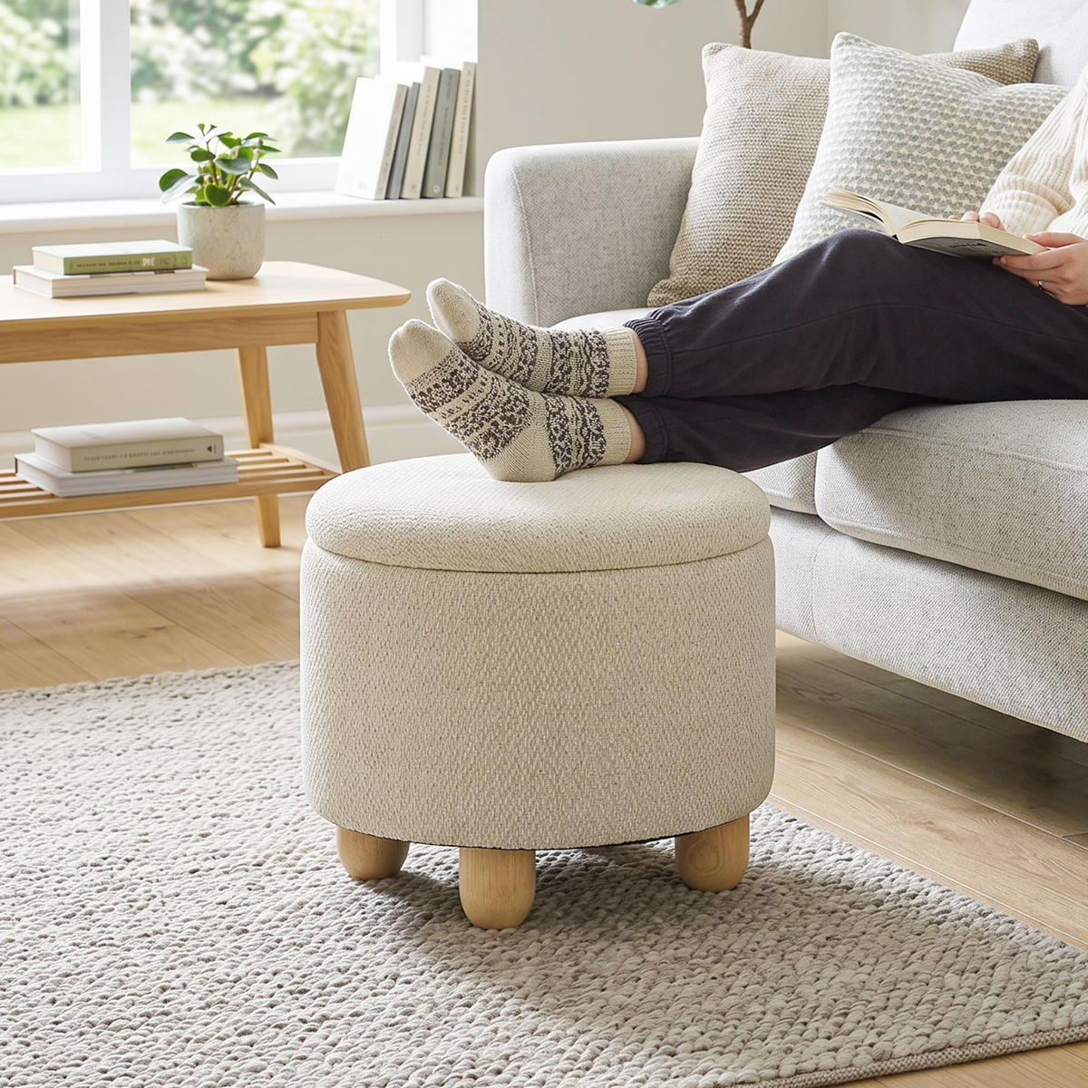 OTTOMAN med förvaringsutrymme, polyester, beige - Beige, Trä/Textil (38.5/33.5/38.5cm) - HOMCOM