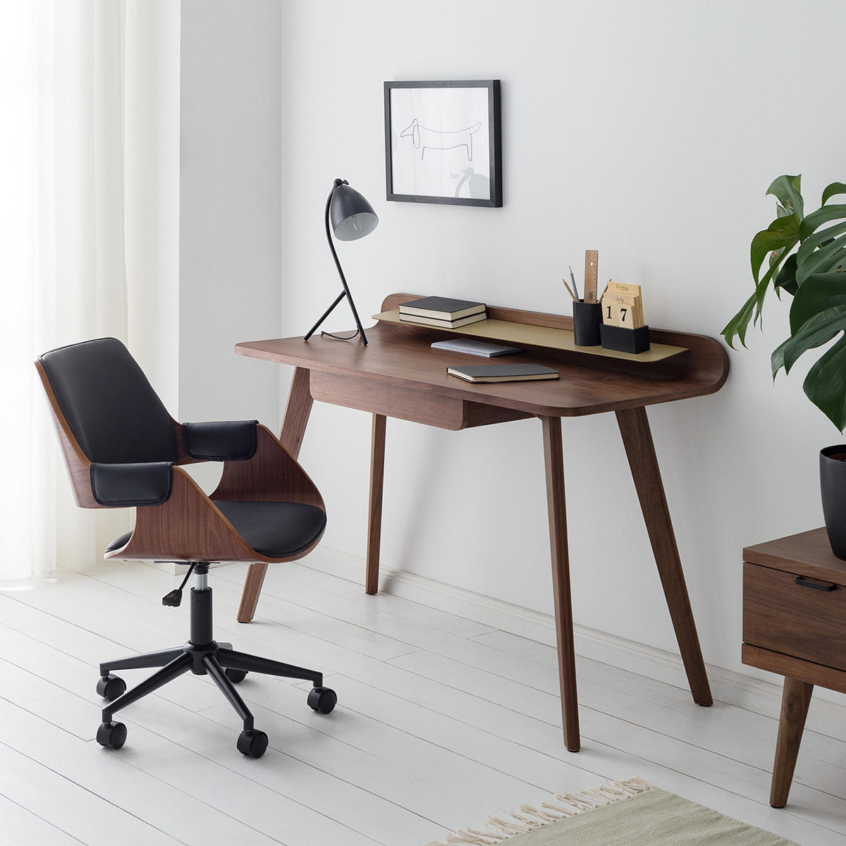 BÜROSTUHL - Kunstleder - Schwarz / Walnuss - Schwarz, Holzwerkstoff/Kunststoff (54/81/59cm) - home24