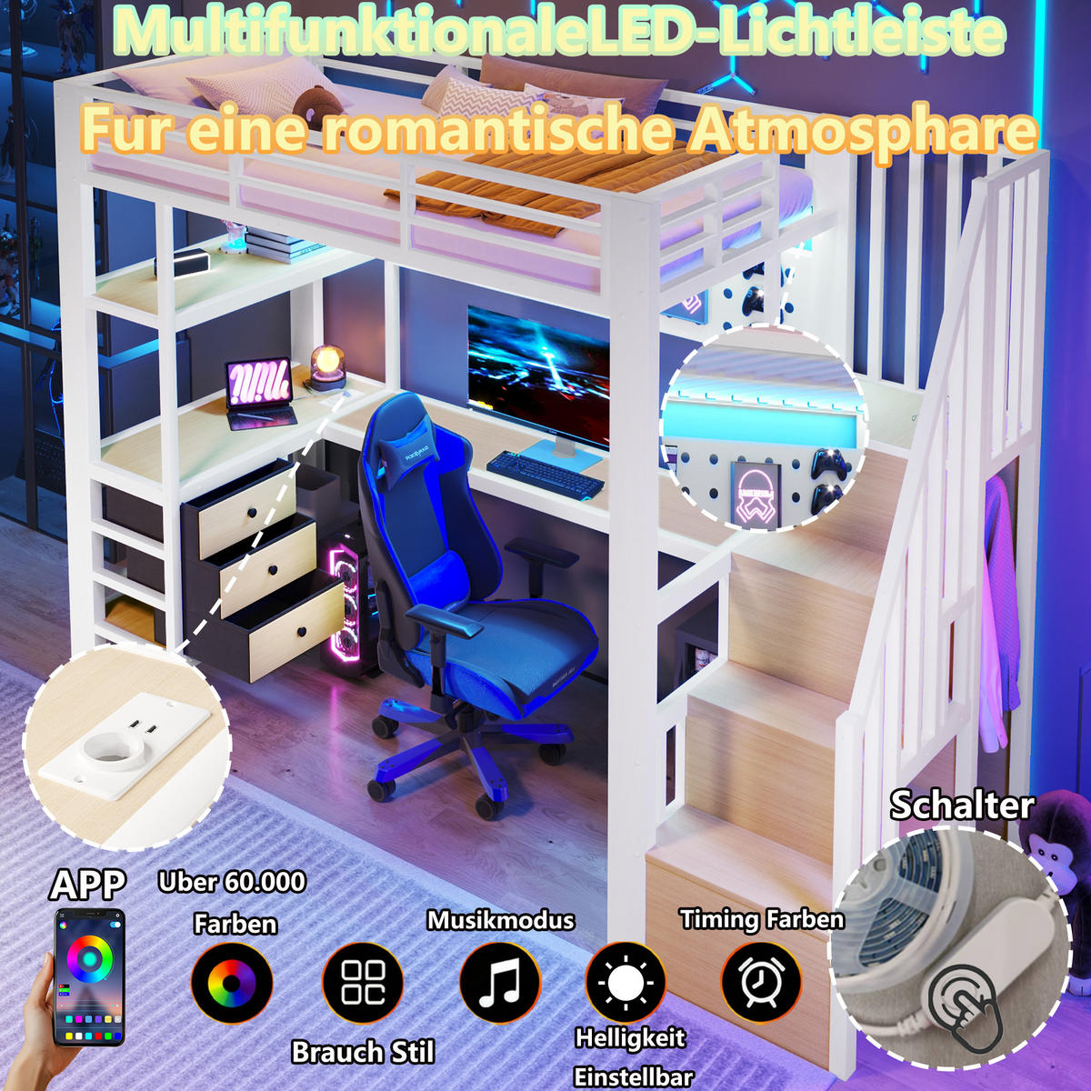 HOCHBETT 90/200 cm in Weiß mit 3 Schubladen, Lochwand, Tisch, Steckdose und LED - Weiß, Holzwerkstoff/Metall (90/200cm) - STILVORA