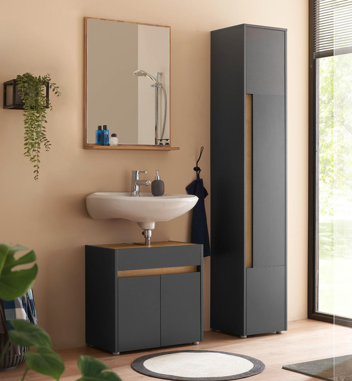BADMÖBEL-SET 3-teilig grau matt, Wotan Eiche, Badkombination 114 cm - Eiche Wotan/Schwarz, Glas/Holzwerkstoff (116/200/34cm) - Furn.Design