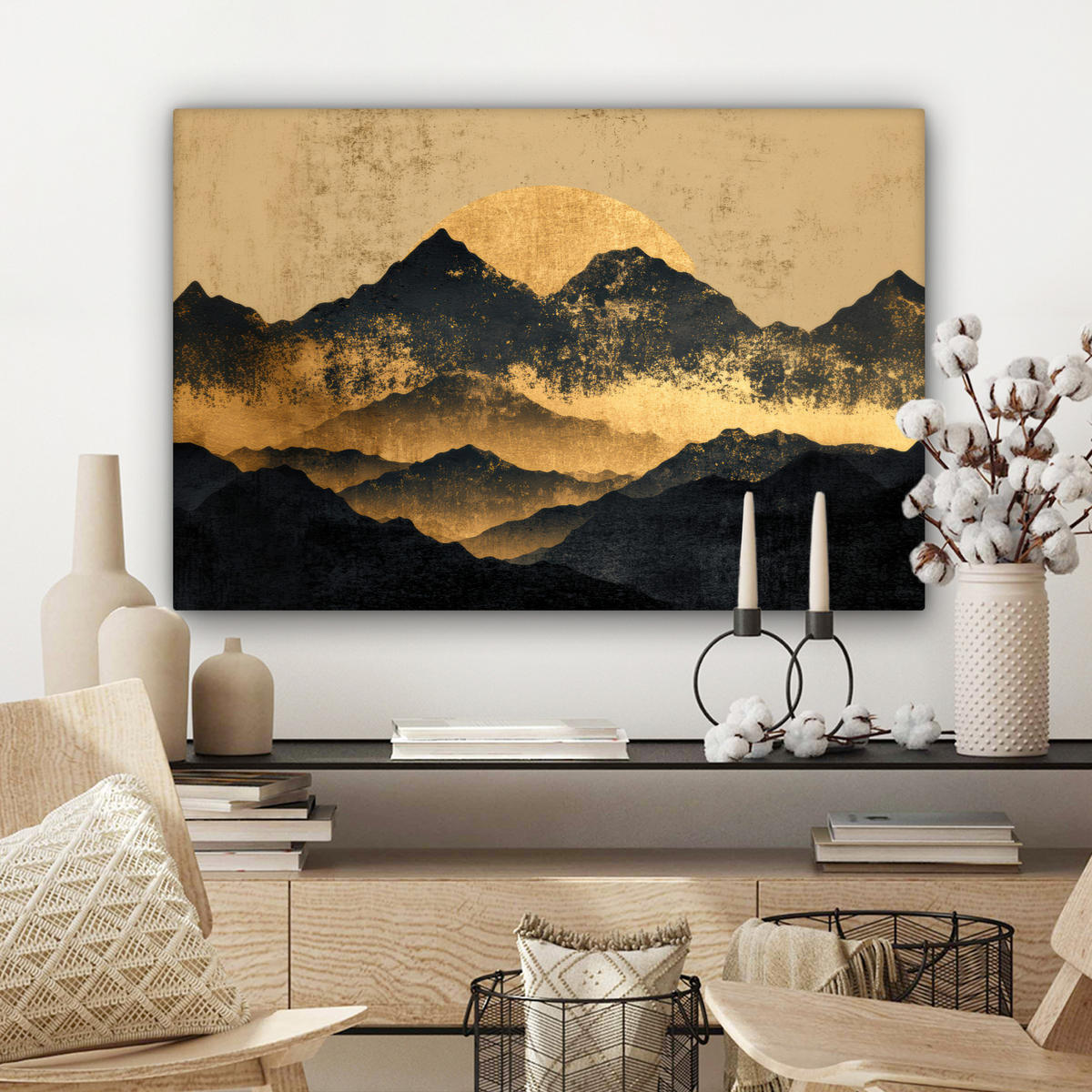 LEINWANDBILD Goldene Berge bei Mondschein Wanddeko 90x60 cm - Goldfarben, Textil (90/60cm) - MuchoWow