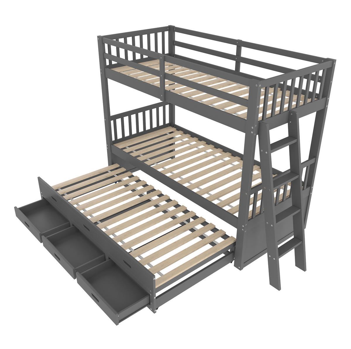 POSCHODOVÁ posteľ 90/200 cm sivá s výsuvným lôžkom a 3 zásuvkami z borovice a MDF - sivá, drevo (90/200cm) - OKWISH