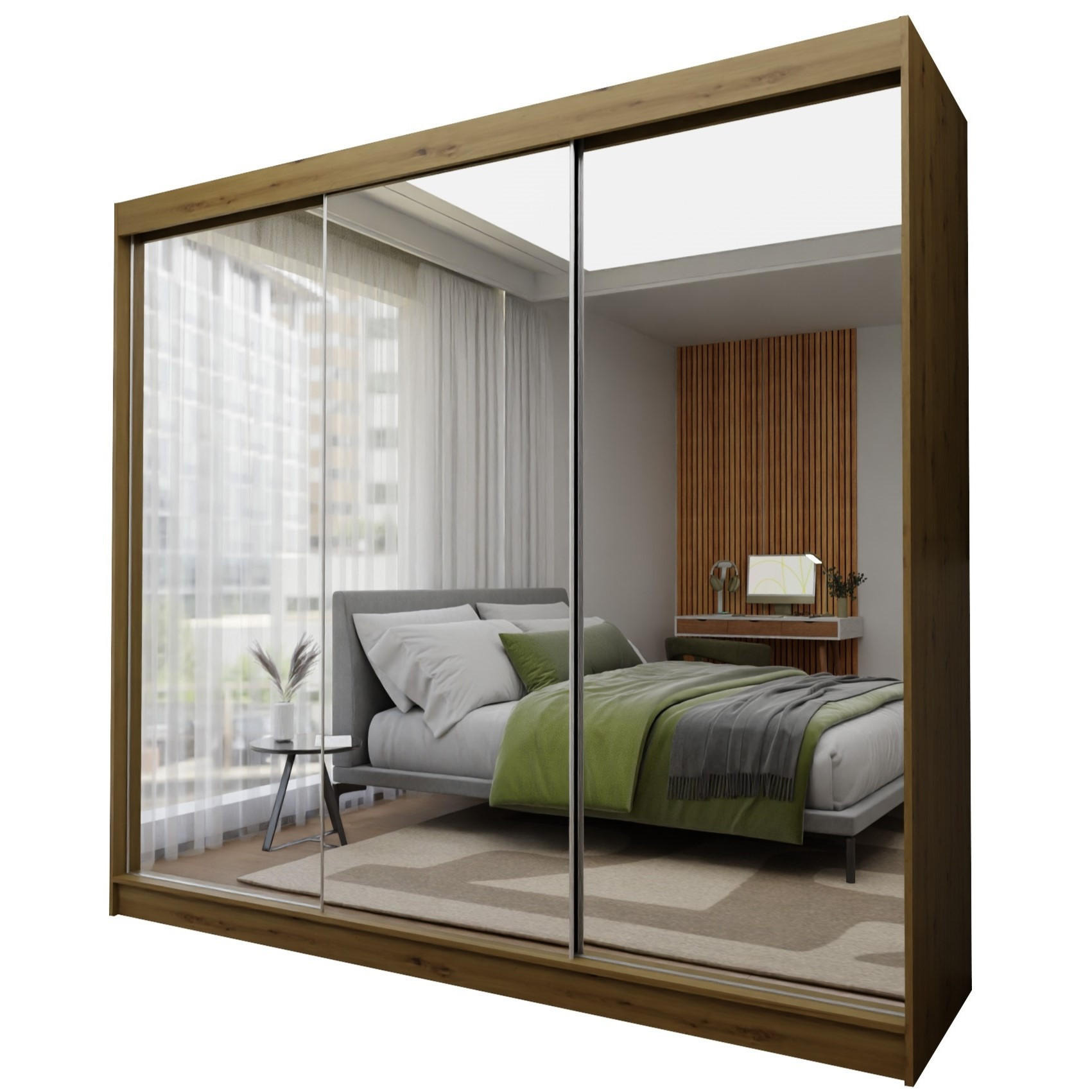 SCHWEBETÜRENSCHRANK BELLINA 240/216/61cm 3-türig mit Spiegel Eiche Artisan - Eiche Artisan, Holzwerkstoff (240/216/61cm) - MASSENO