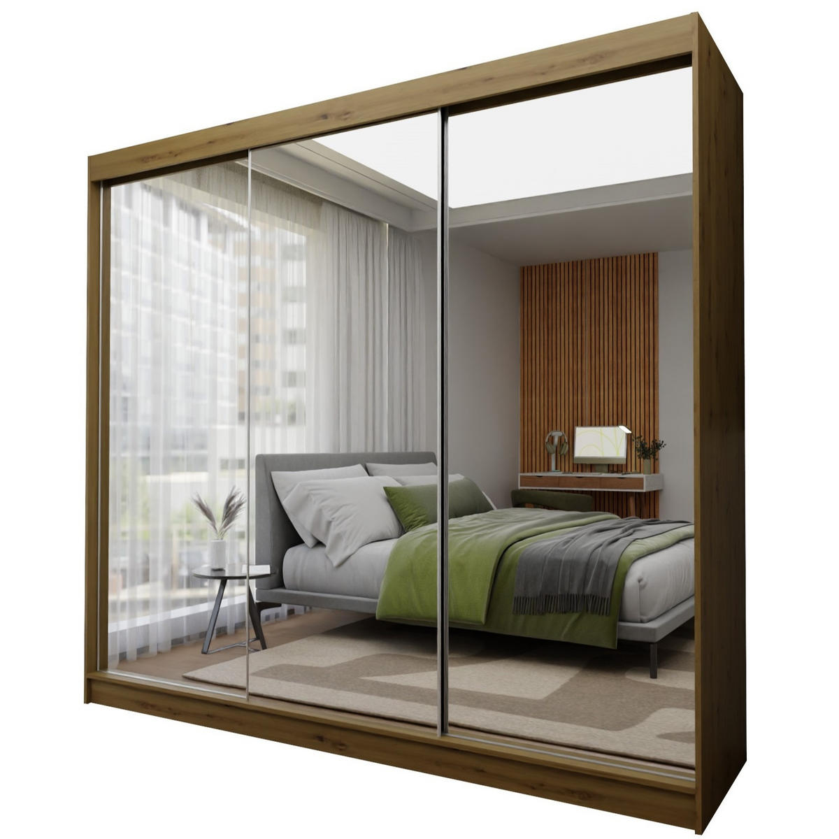 SCHWEBETÜRENSCHRANK BELLINA 240/216/61cm 3-türig mit Spiegel Eiche Artisan - Eiche Artisan, Holzwerkstoff (240/216/61cm) - MASSENO