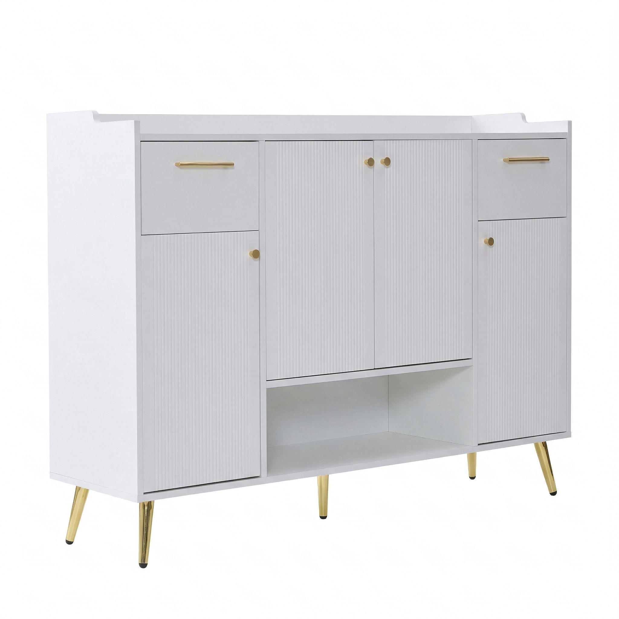 Urban Meuble BOTNÍK NA BOTY 130 cm bílý se 2 zásuvkami, 4 dvířky a kovovými nohami