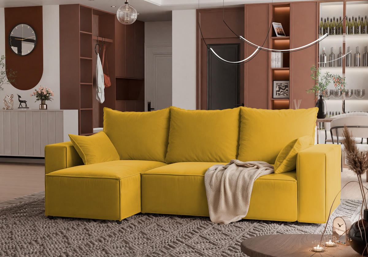 ECKSOFA Tobi mit Bettkasten und Schlaffunktion, L-Form, Velourstoff, Universal - Currygelb, Holzwerkstoff (246/145cm) - 4ALL HOME