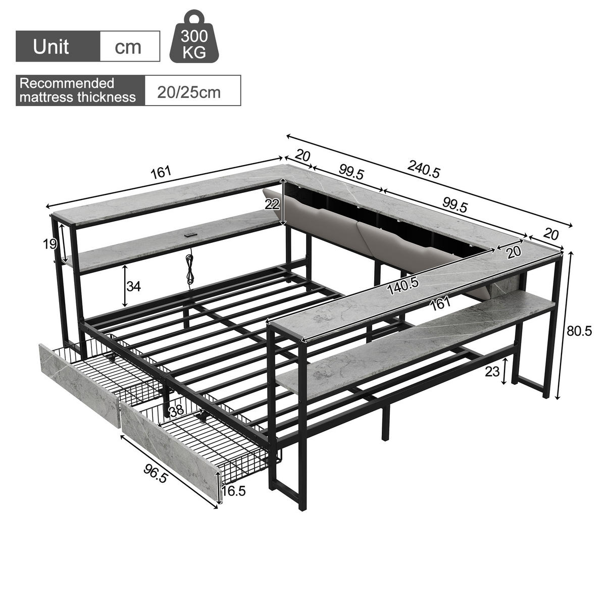 DAYBETT Beton 140x200 USB Type-C Schubladen Stauraum - Grau, Metall (140/200cm) - FLIEKS