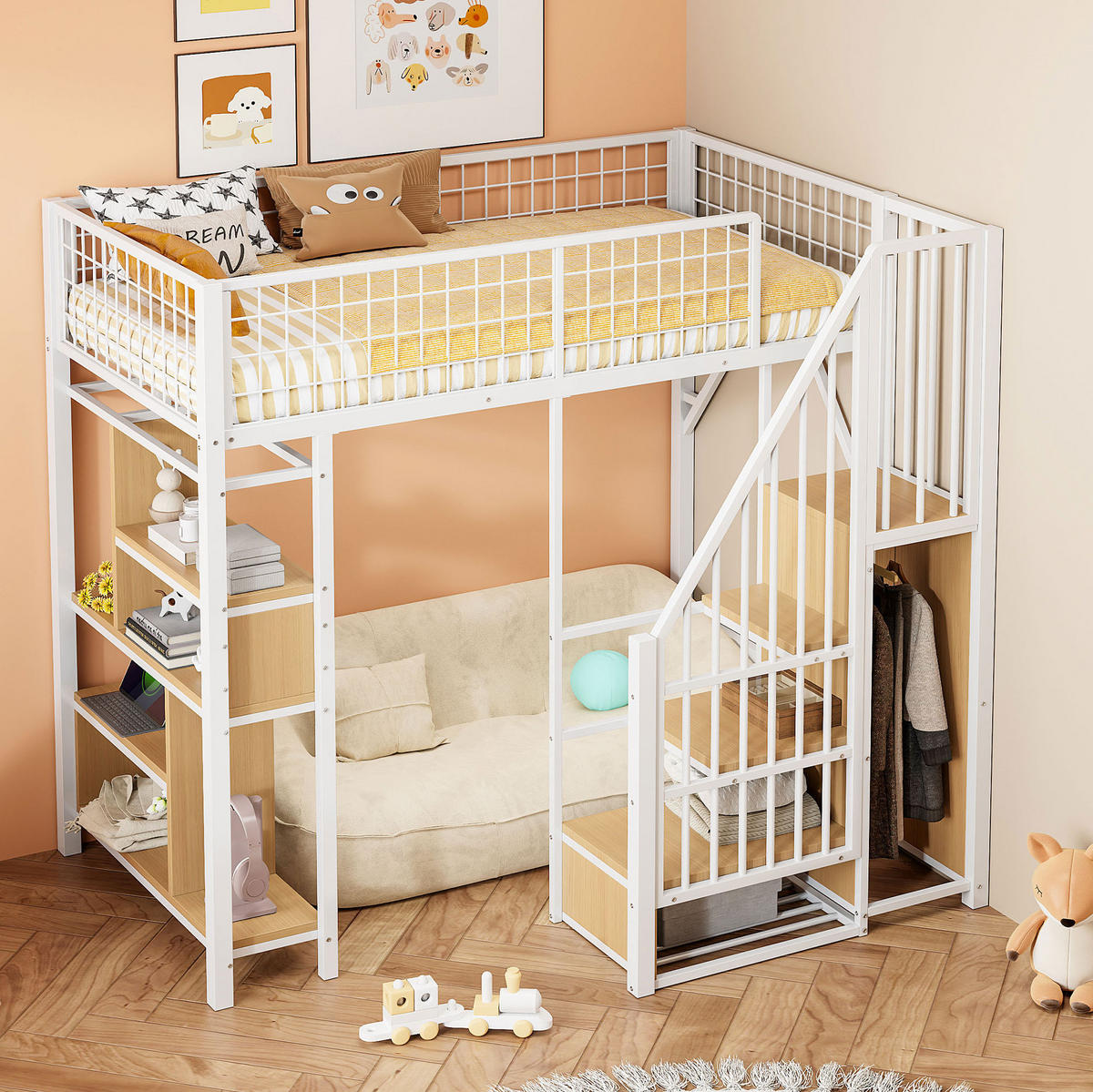 HOCHBETT 90/200 cm Weiß mit Stauraumtreppe und Stauraum - Weiß, Metall (90/200cm) - MIVRAY