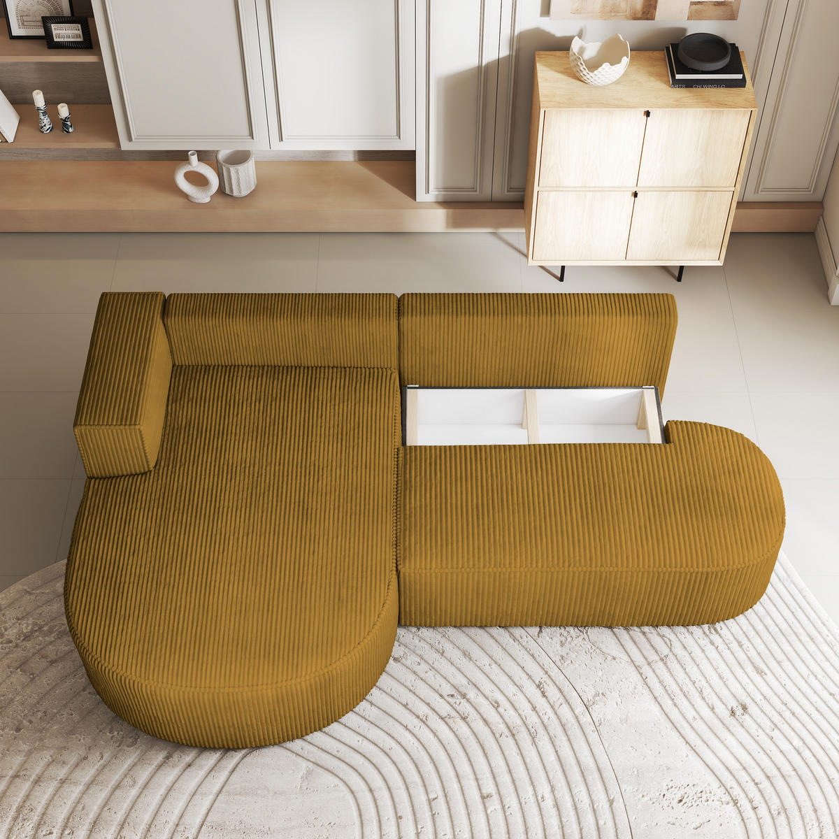 ECKSOFA CORTIO P L-S Gelb Kordstoff mit Schlaffunktion - Gelb, Holz (265/174cm) - MASSENO