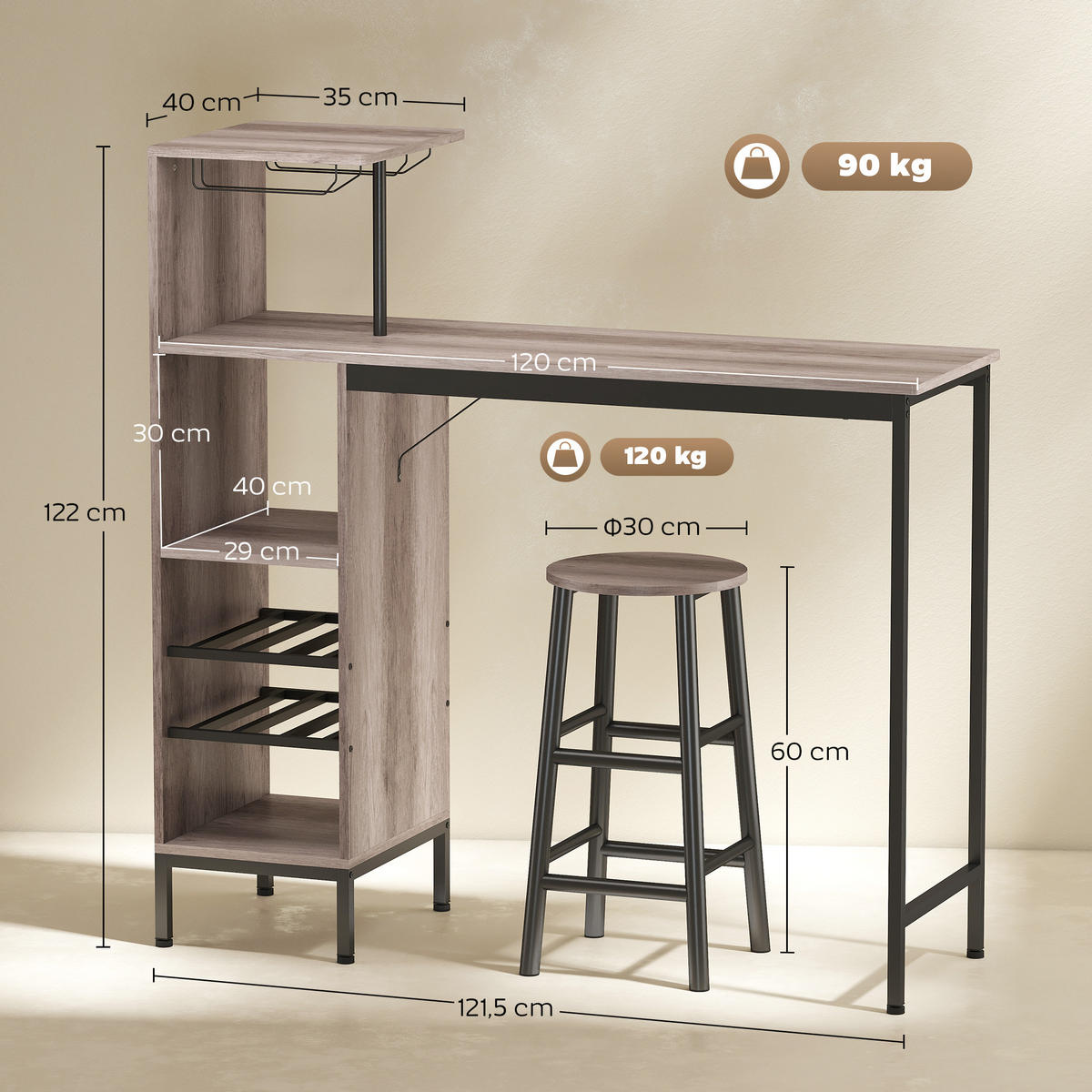 BARTISCH mit Barhocker Set Tresentisch mit 2 Stühlen mit Fußstütze, Grau - Grau, Holzwerkstoff (40/122/121.5cm) - HOMCOM