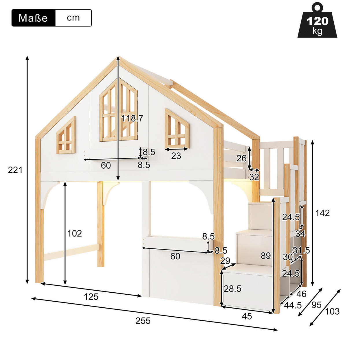 ETAGENBETT mit Stauraumtreppe und LED 90x200 cm Kiefernholz Weiß - Weiß, Holzwerkstoff (90/200cm) - Beauniv