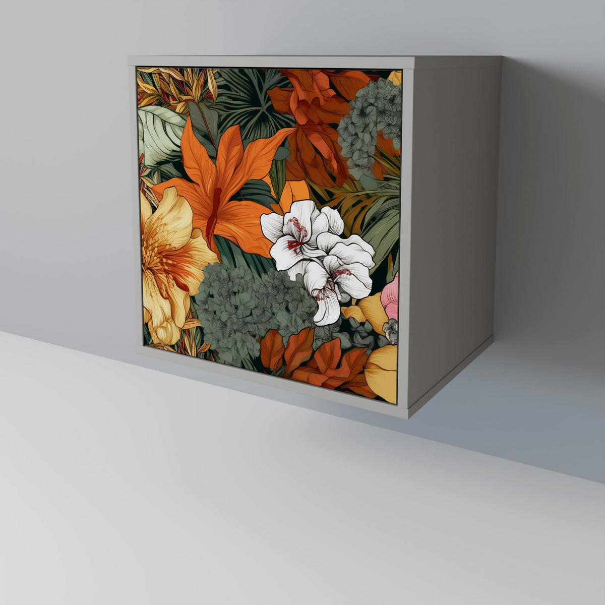 SIDEBOARD RADIANT FLORA, Grau, 57,5x42x67,5 cm, Schwarze Metall-Rahmenfüße - Multicolor/Schwarz, Holzwerkstoff/Metall (57.5/67.5/42cm) - SpaceRebels