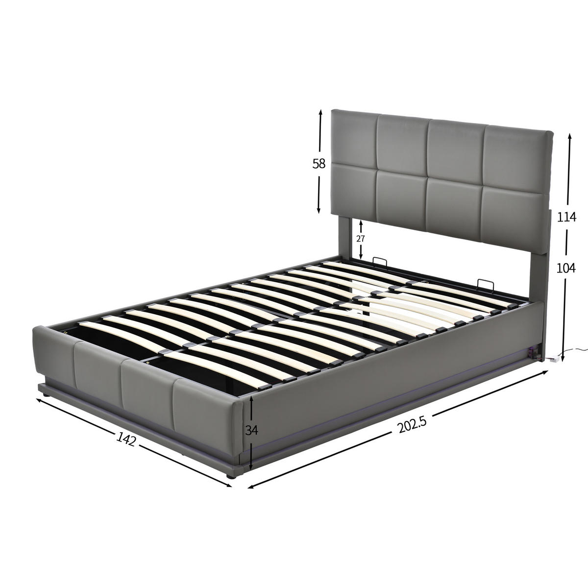 POLSTERBETT 140x200 LED Hydraulisch Stauraum Kunstleder Grau - Grau, Holzwerkstoff - FLIEKS