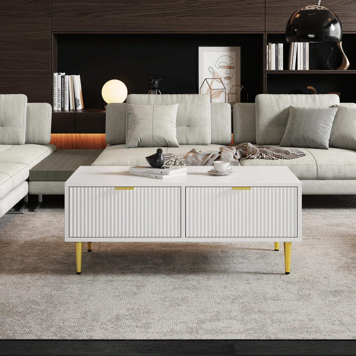COUCHTISCH 100/50/40 cm weiß aus MDF mit 2 Schubladen - Weiß, Holzwerkstoff (100/50/40cm) - OKMYHOME