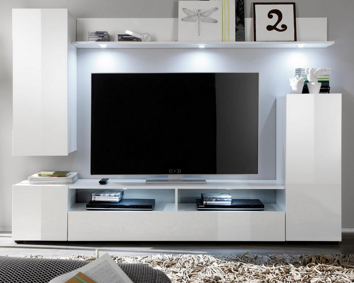 WOHNZIMMER: Wohnwand "Win" weiß Hochglanz (208 x 165 cm) 4-teilig - Weiß Hochglanz/Weiß, Holzwerkstoff (208/165/34cm) - Top.Furn