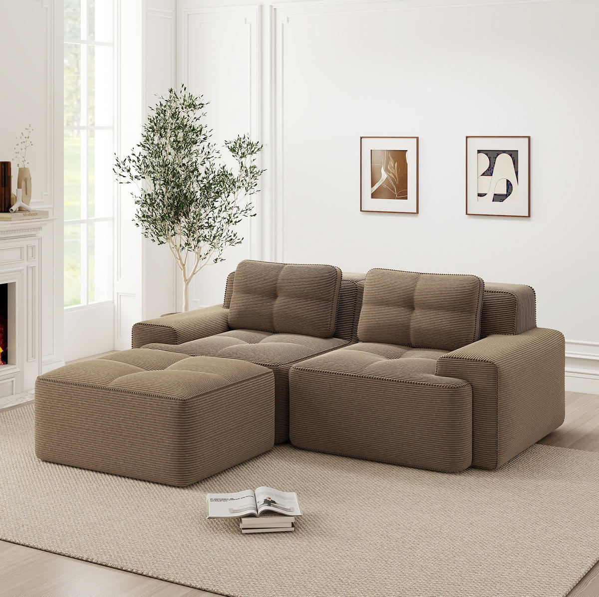 ECKSOFA 204/104/69 cm braun aus Cord mit Tiefsitz, Ottomane und boneless Design - Braun, Textil (177/204cm) - OKWISH