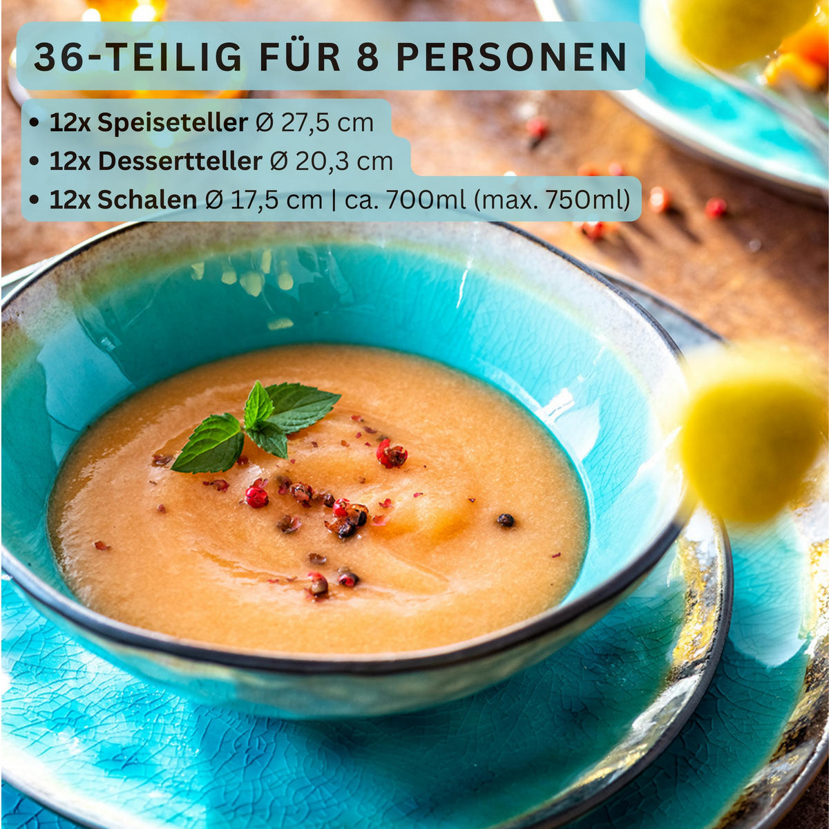 TAFELSERVICE CAPRI - 36 teilig aus Steingut 12 Personen - Türkis, Stein (50/30/80cm) - Sänger