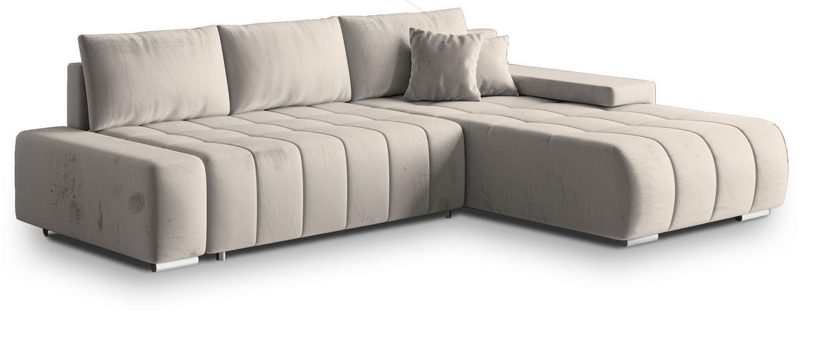 ECKSOFA ALESE R-S Creme Velours-Stoff mit Schlaffunktion - Creme, Holz (265/185cm) - MASSENO