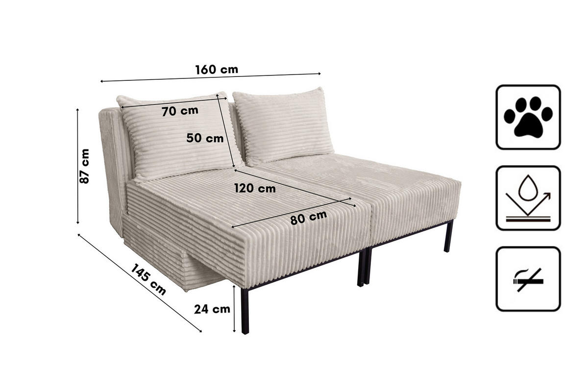 SOFA Mit Schlaffunktion MOOKA 4in1-Multifunktions-System Stoff Velo Ecru - Ecru, Holz/Textil (240/87/103cm) - Kaiser Möbel