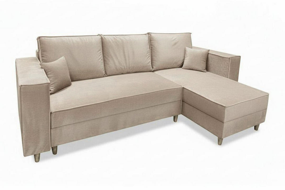 ECKSOFA RIO mit Schlaffunktion und Bettkasten, Farbe: Beige, Velourstoff, Ottomane Universal - Beige, Textil (249/142cm) - Marpur