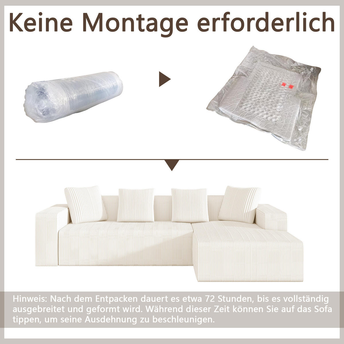MODULARES Ecksofa Cord tiefe Sitzfläche, Chaiselongue 261/146/65 cm Weiß - Weiß, Textil (146/261cm) - Redom