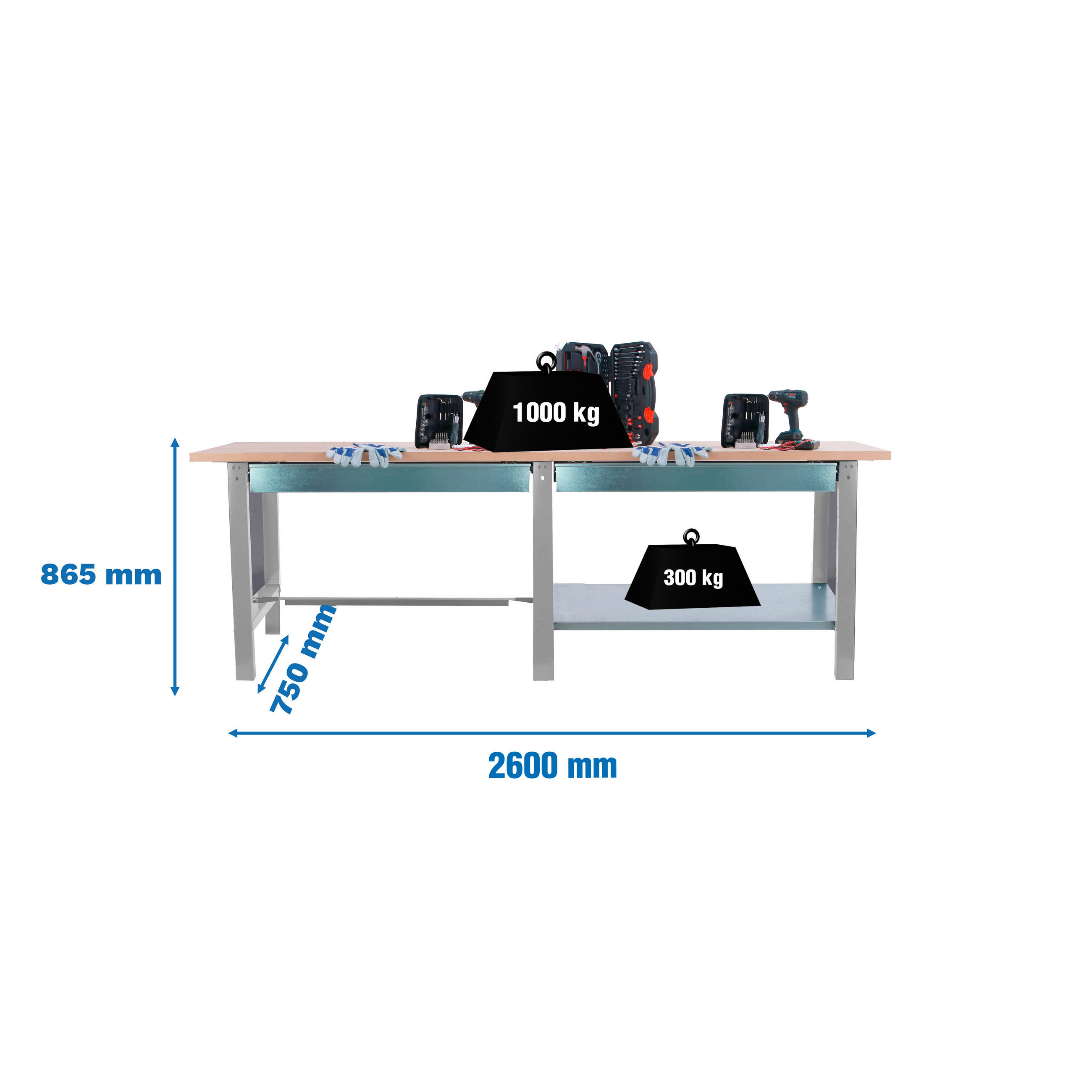WERKBANK Buffalo Wood mit 2x Schublade HxBxT 86,5 x 260 x 75 cm Traglast 1000 kg Grau - Grau, Metall (260/86.5/75cm) - PROREGAL