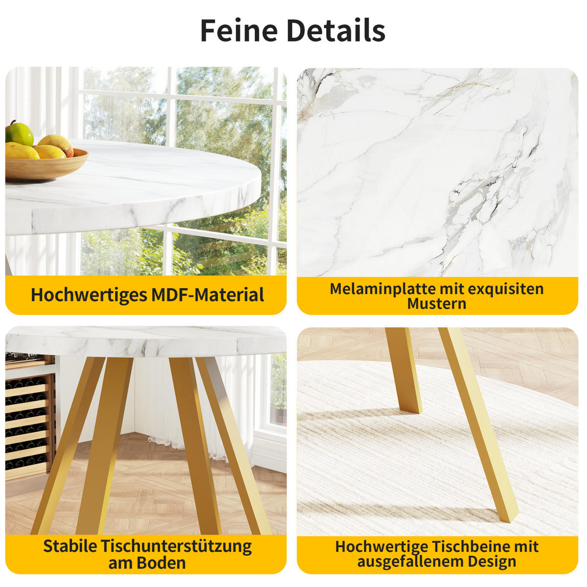 JÍDELNÍ stůl 80/80/75 cm bílá a zlatá z MDF a kovu s mramorovým dekorem - bílá, kompozitní dřevo (80/80/75cm) - OKWISH