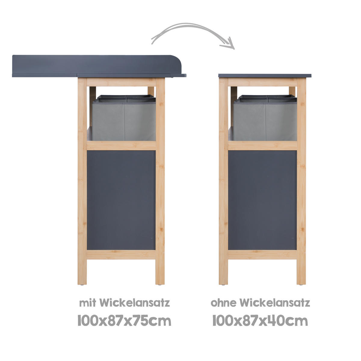 WICKELKOMMODE Berlin inkl. Wickelansatz 2 Schubladen - Anthrazit/Buchefarben, Holzwerkstoff (87/100/75cm) - Roba