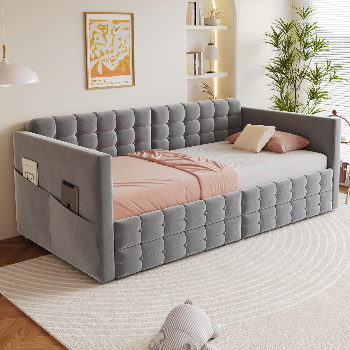 POLSTERBETT 90/190 cm Grau Schlafsofa mit Stauraum und 2 Schubladen - Grau, Textil (90/190cm) - OKWISH