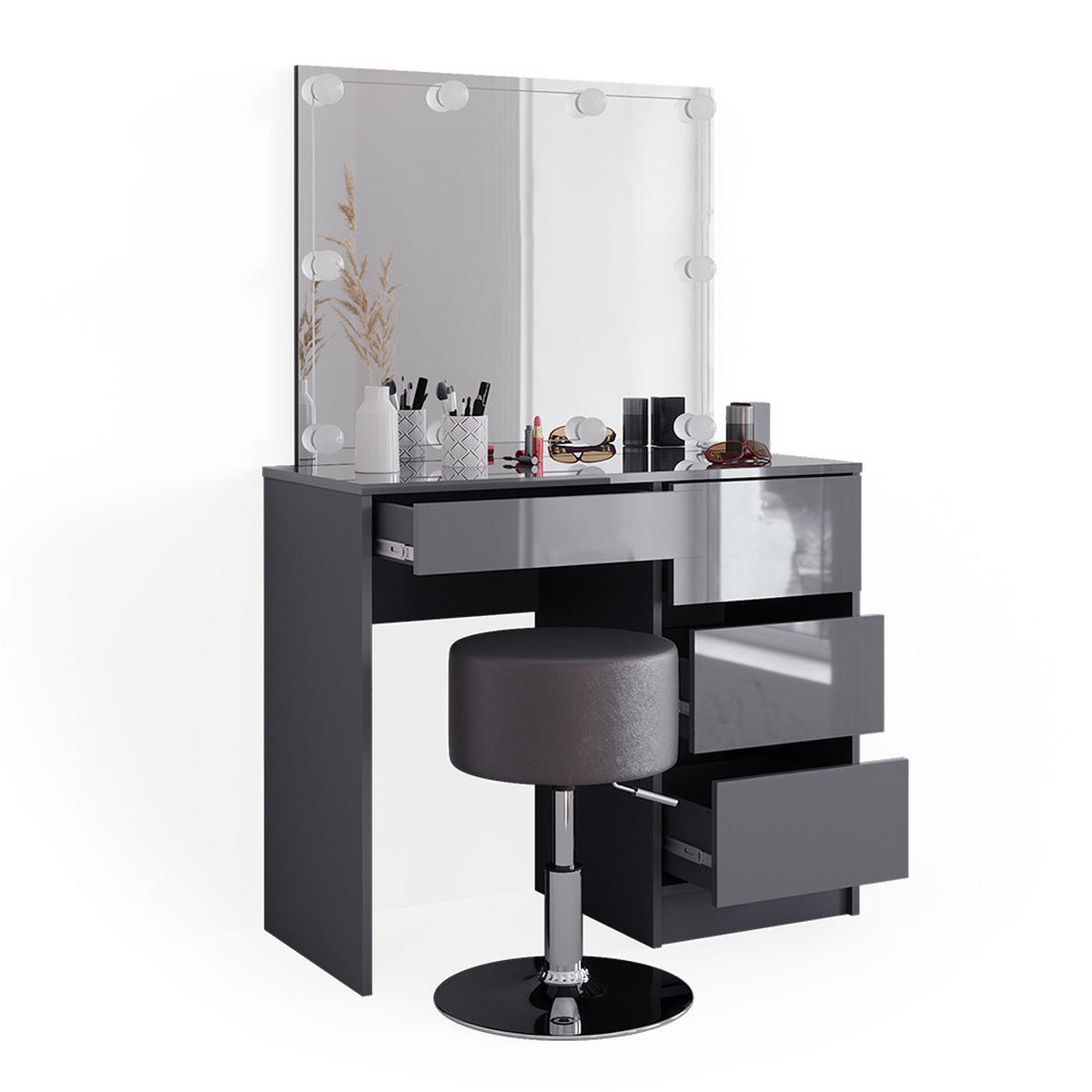 SCHMINKTISCH Sherry Anthrazit 90 cm mit LED Beleuchtung und Hocker - Schwarz Hochglanz/Anthrazit, Holzwerkstoff (90/75/40cm) - Vicco