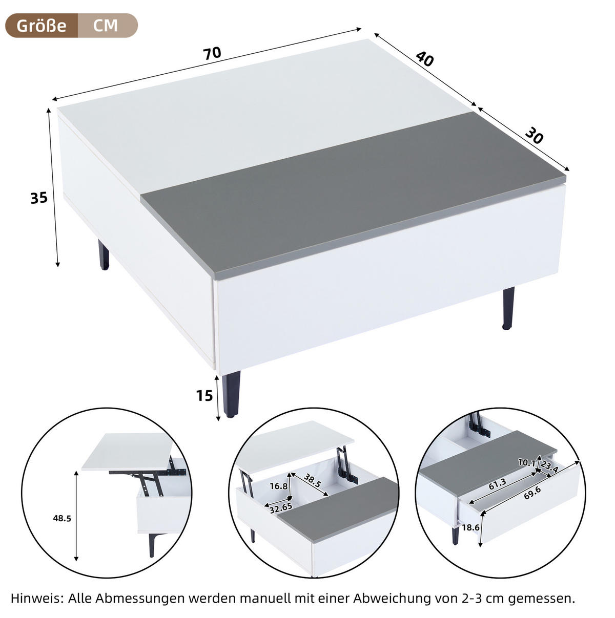 COUCHTISCH höhenverstellbar 70x70 cm MDF Weiß-Grau mit LED - Weiß, Wellpappe (70/70/35cm) - Meubliv