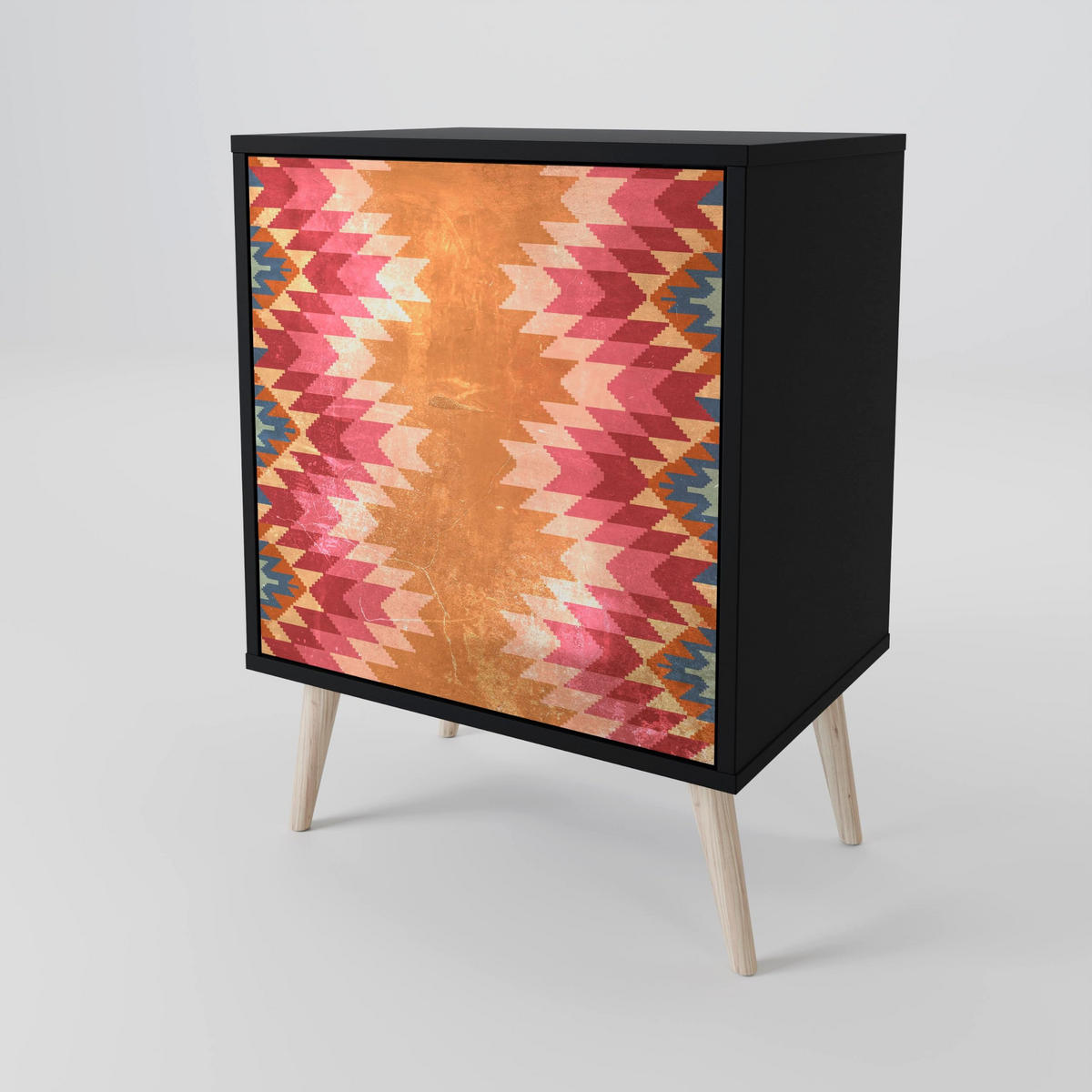SIDEBOARD INDIAN FOLK, Schwarz, 57,5x42x72,5 cm, Schwarze Metallfüße - Multicolor/Schwarz, Holzwerkstoff/Metall (57.5/72.5/42cm) - SpaceRebels