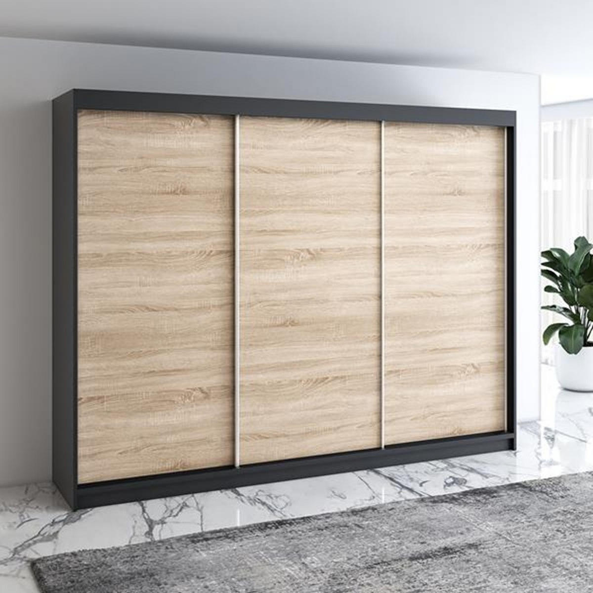 SCHWEBETÜRENSCHRANK 200 CM MERO Farbe: Schwarz / sonoma / sonoma / sonoma - Schwarz/Braun, Holzwerkstoff (200/215/59.5cm) - A&J MöbelLand