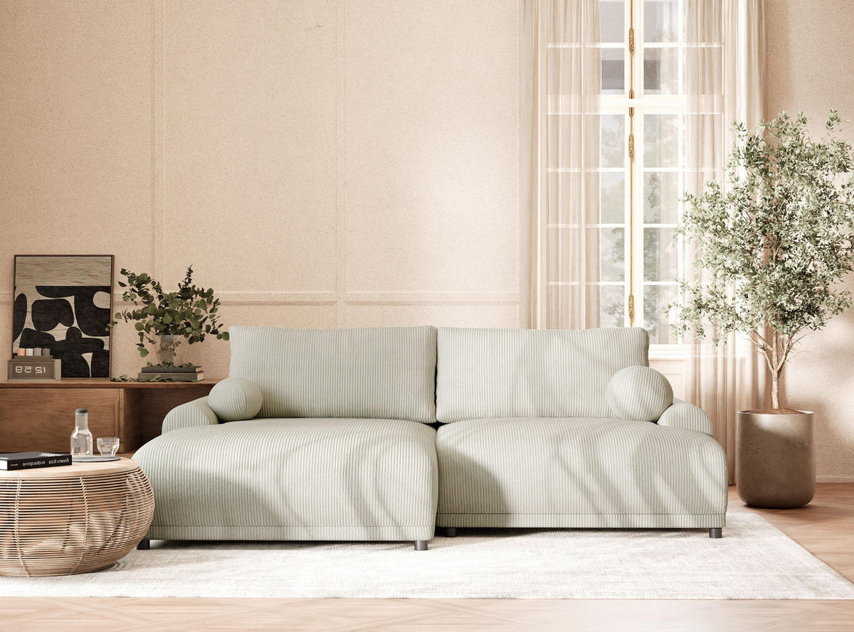 ECKSOFA MIT SCHLAFFUNKTION Tallin Creme Samtstoff - Links Seite - Hellgrau/Schwarz, Holz/Holzwerkstoff (145/240cm) - Maison de Reve
