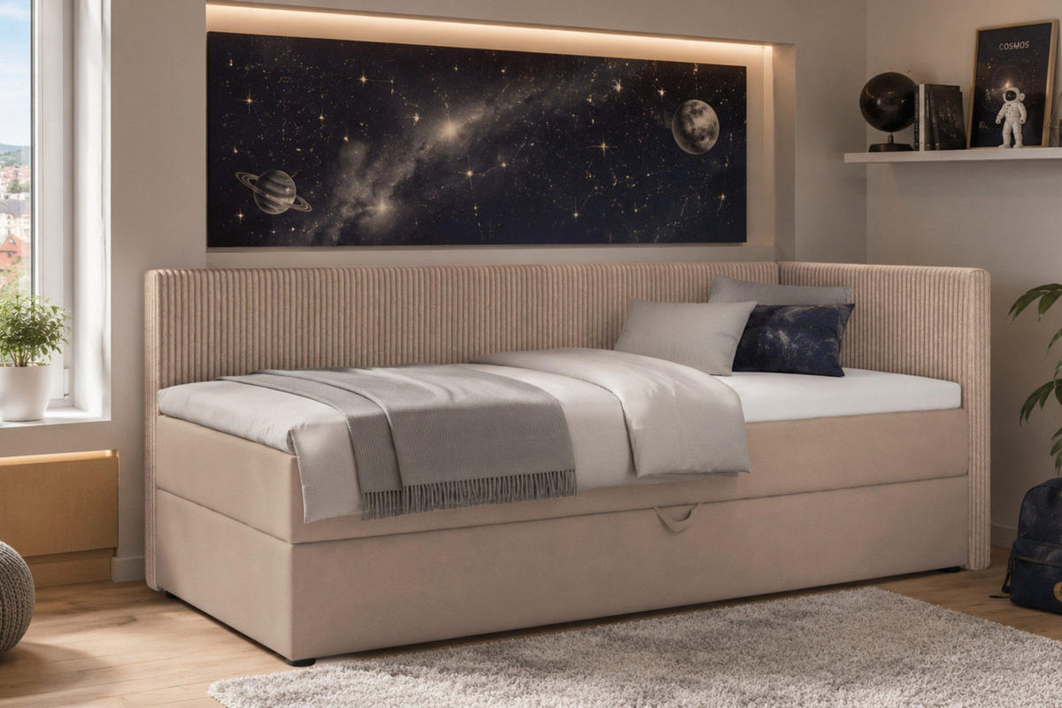 BOXBETT RICO 100/200 in Cord/Velours Beige H4 rechts - Beige, Holz/Holzwerkstoff (100/200cm) - Deine Möbel 24
