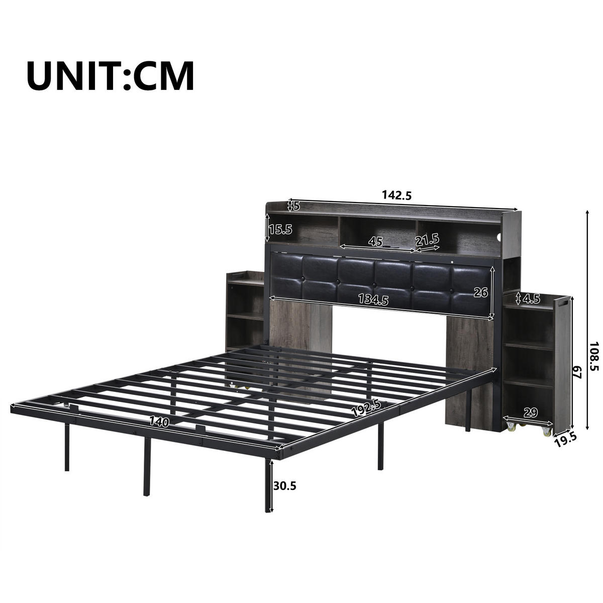 DOPPELBETT 140/190 cm Grau mit LED-Beleuchtung und USB-Ladefunktion aus Metall - Grau, Metall (140/190cm) - OKWISH