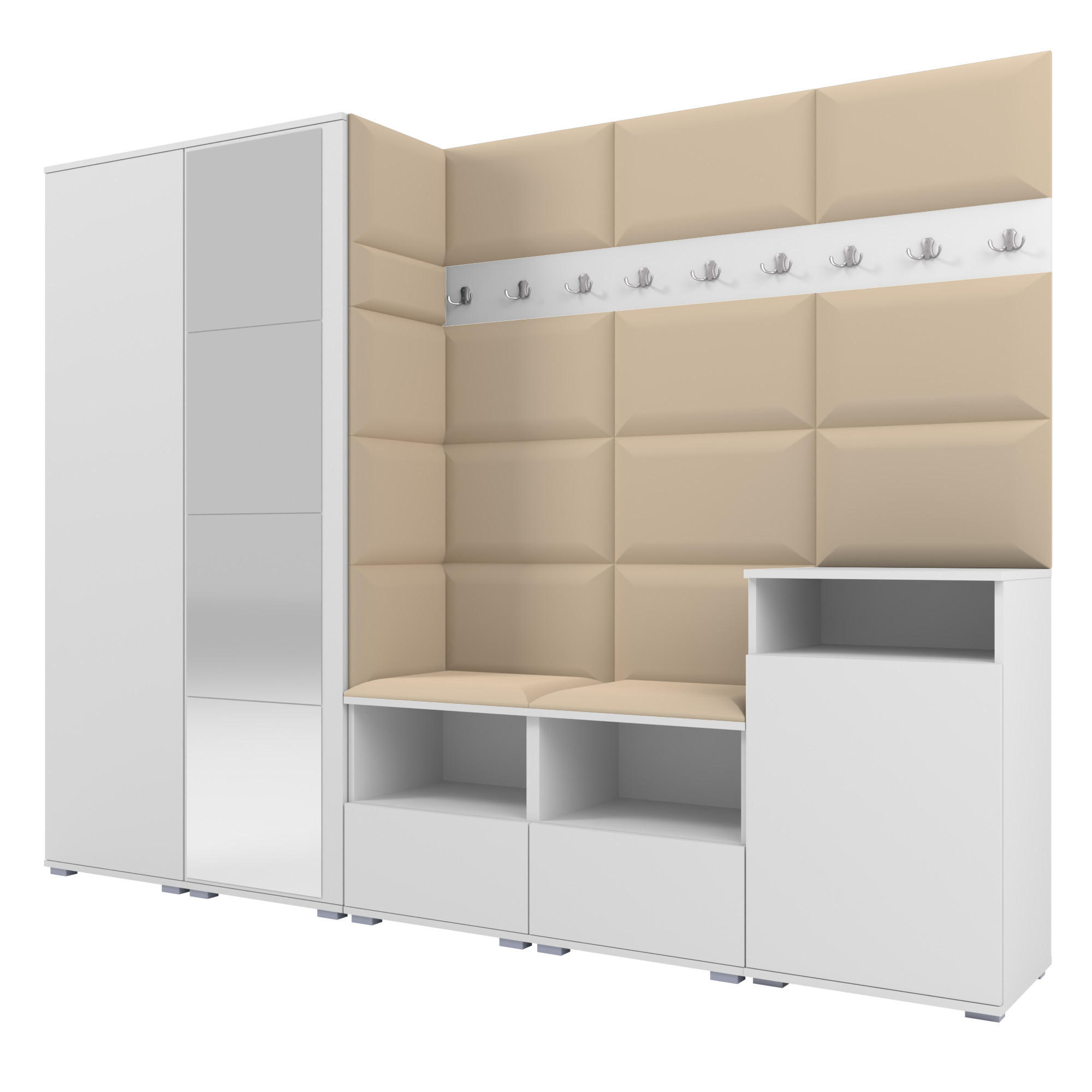 GARDEROBE NELA VIII 250 cm (Modulare Flurmöbel Weiß mit Spiegel & Sitzpolster Beige 04 Set XL) - Beige/Silberfarben, Holz/Holzwerkstoff (250/187/40cm) - Ravio