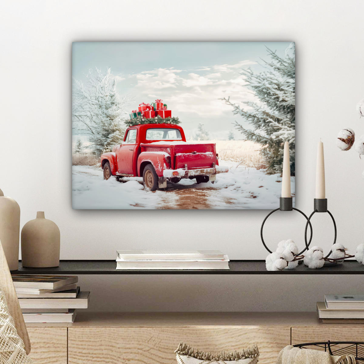 LEINWANDBILD Auto - Rot - Geschenke - Winter - Schnee - Weihnachten 40x30 cm - Rot, Textil (40/30cm) - MuchoWow