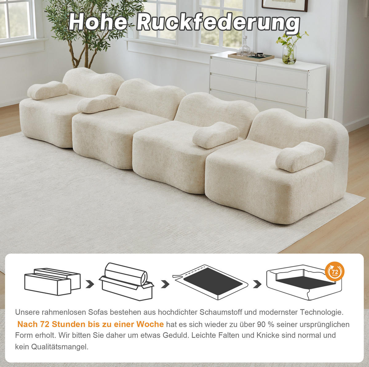 SOFA 384/98/70 cm in Beige aus Samt mit Wellenform - Beige, Textil (98/70/384cm) - Flora Grace