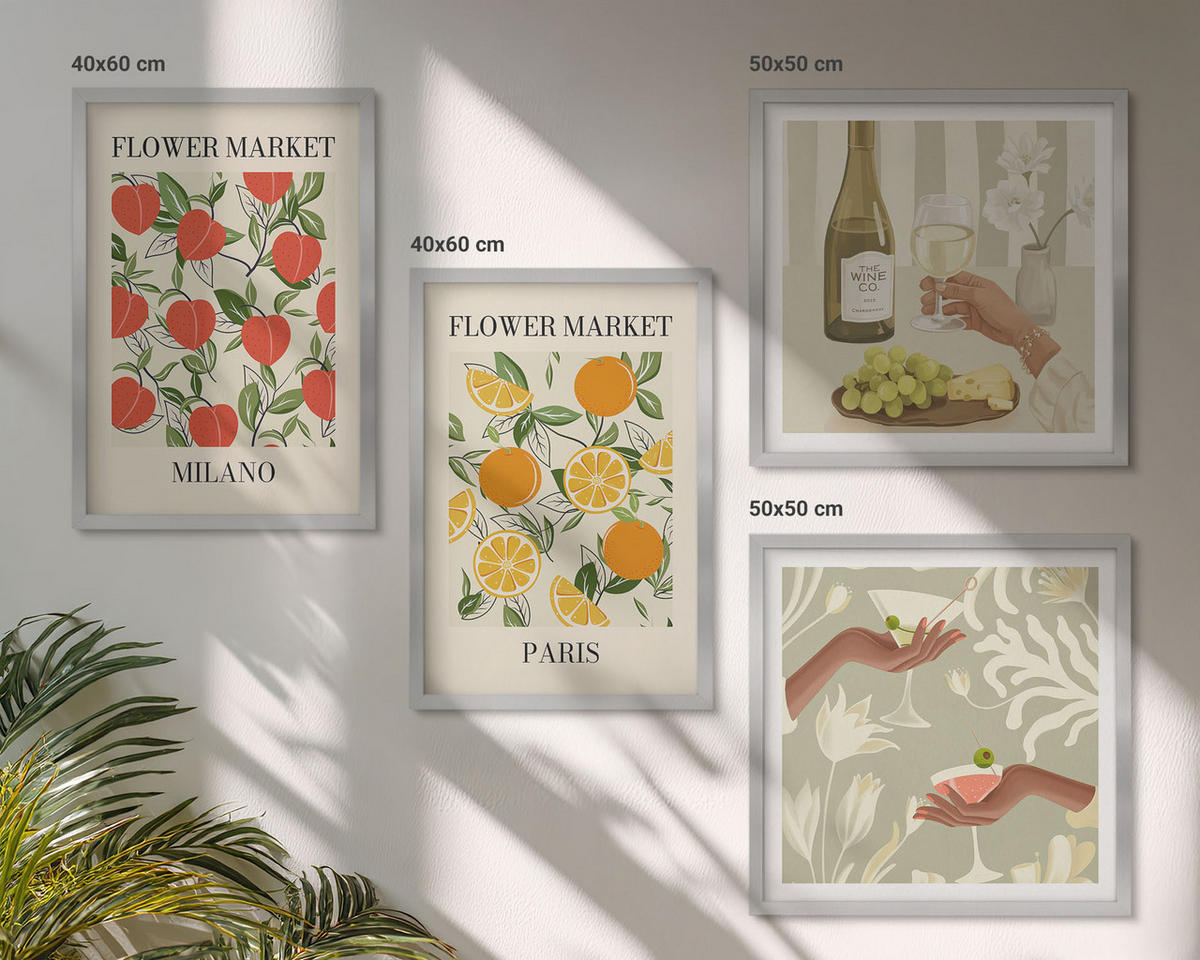 WANDBILDER 4er Set - 50x50 cm & 40x60 cm Silberner Rahmen - Blumenwein Mailand Paris - Silberfarben, Kunststoff (50/50cm) - ArtPrintCave