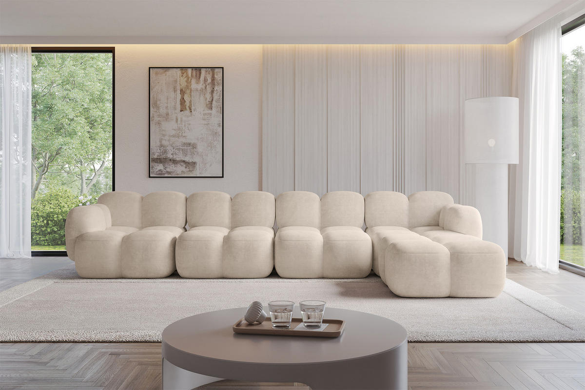 ECKSOFA modulares Sofa Rechts Miko-L3 390x205x75 Beige Velours - Ecru/Schwarz, Holzwerkstoff/Kunststoff (390/205cm) - ALTDECOR