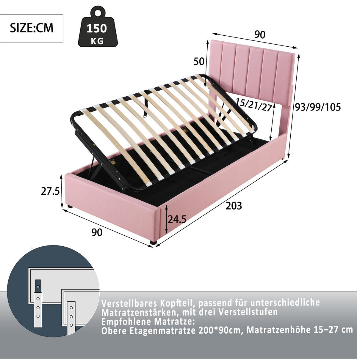 POLSTERBETT mit Bettkasten 90/200 cm in Rosa mit verstellbarem Kopfteil - Pink, Textil (90/200cm) - BEAOK