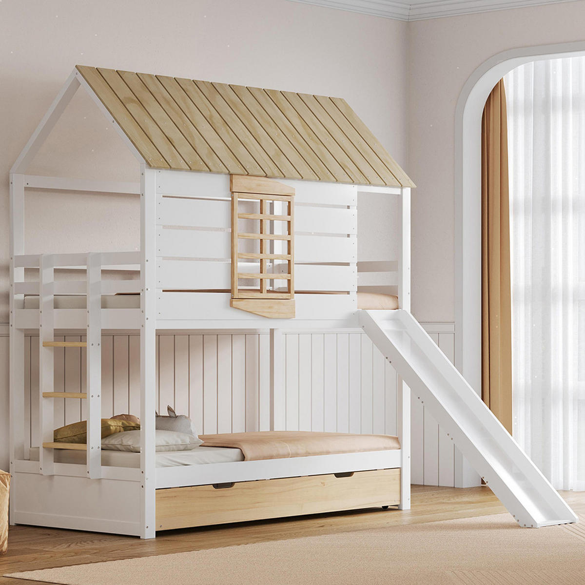 HAUSBETT 90X200 cm mit Rutsche und Ausziehbett, Weiß+Natural - Weiß, Holz (90/200cm) - KOMHTOM