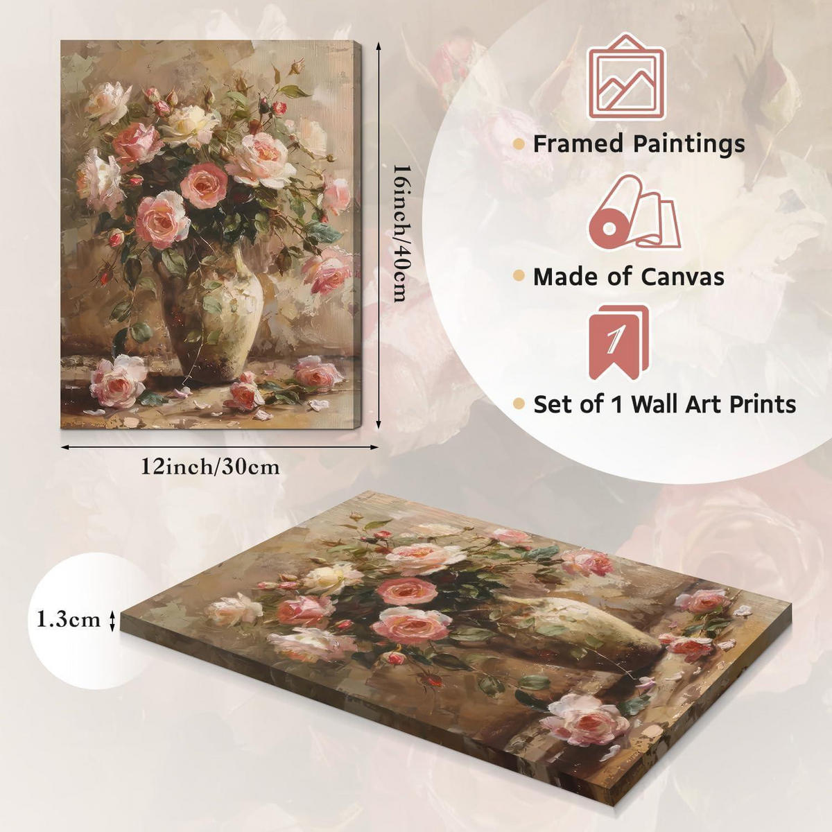 KUNSTDRUCK Vintage Blumen 30 x 40 cm Rosa - Rosa, Textil (30/0.5cm)