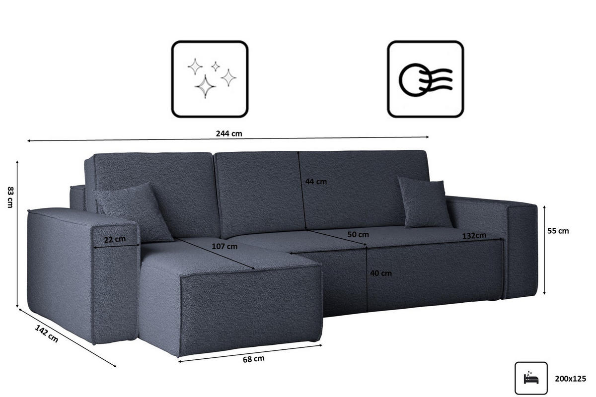 ECKSOFA Mit Schlaffunktion Und Bettkasten L-Form BEST Stoff Abriamo Dunkelblau Links - Dunkelblau, Holz/Textil (142/244cm) - Kaiser Möbel